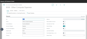 Dynamics Business Central - GL Account Card - General Section