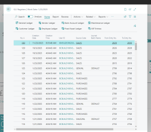 Dynamics Business Central - GL Registers Page