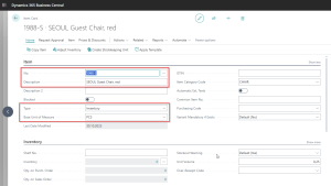 Dynamics Business Central - Item Card - Main Section