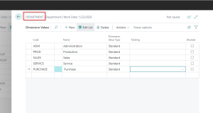 Dynamics Business Central - Dimension Values for Department dimension