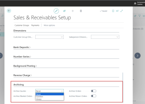 Dynamics Business Central - Sales Setup - Archiving Options