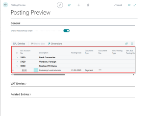 Dynamics Business Central - Posting Preview - GL Entries