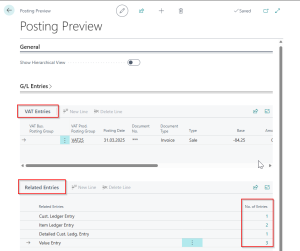 Dynamics Business Central - Posting Preview - Sales Order - Related Entries