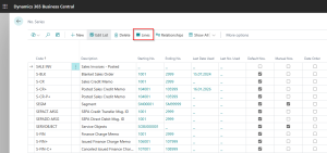 Dynamics 365 Business Central - Number Series Page - Lines Button