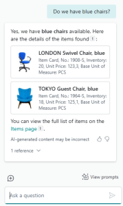 Dynamics Business Central - Copilot Chat - Findind blue chairs
