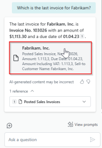 Dynamics Business Central - Copilot Chat -Last posted invoice - Link to invoice card