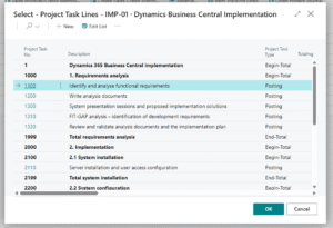 Dynamics Business Central - Project Card.- Project Task Lines - List