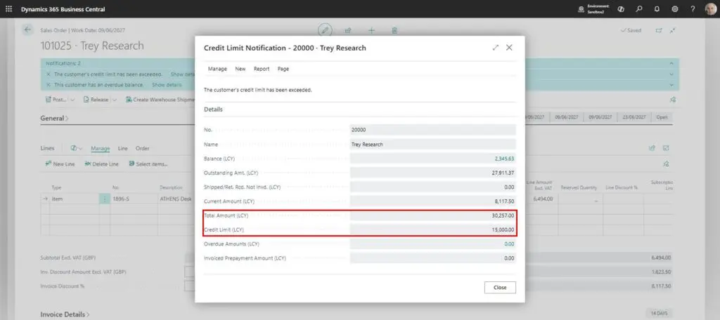 Dynamics Business Central - Credit Limit Notification - Details