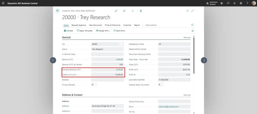 Dynamics Business Central - Customer Card - Credit Limit