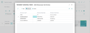 Dynamics Business Central - General Journal - Line dimension selection