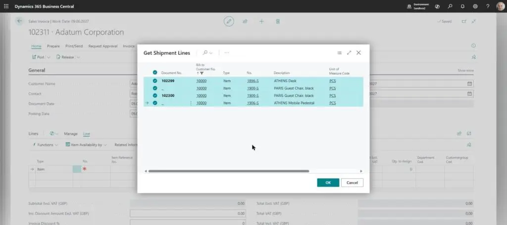 Dynamics Business Central - Get Shipment Lines - Selecting Lines