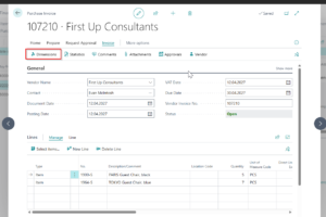 Dynamics Business Central - Purchase Header - Dimension button
