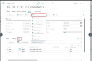 Dynamics Business Central - Purchase Header - Line dimension path