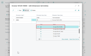 Dynamics Business Central - Purchase Header - Line dimension selection