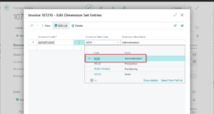 Dynamics Business Central - Purchase Header - Select dimension