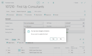 Dynamics Business Central - Purchase Header - Warning message about update dimensions