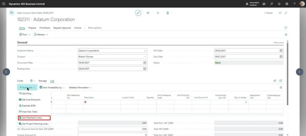 Dynamics Business Central - Sales Invoice - Get Shipment Lines