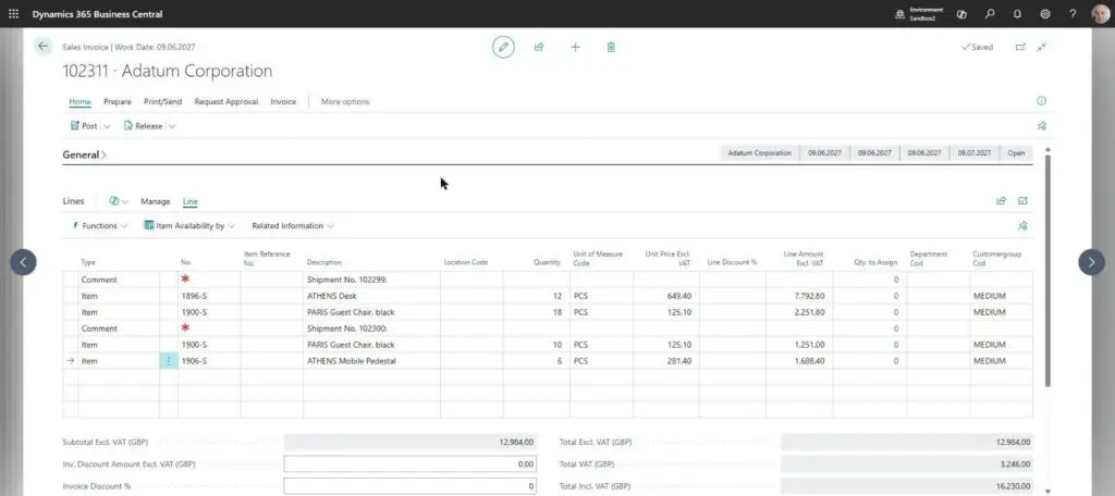 Dynamics Business Central - Sales Invoice - Lines from Multiple Shipments