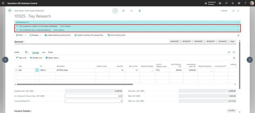 Dynamics Business Central - Sales Order - Credit Notifications