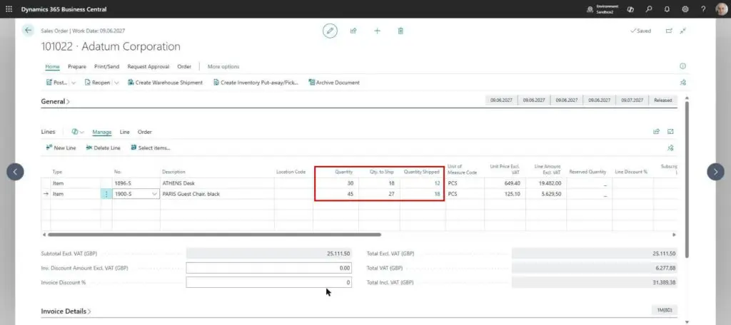 Dynamics Business Central - Sales Order - Partial Shipment Posted