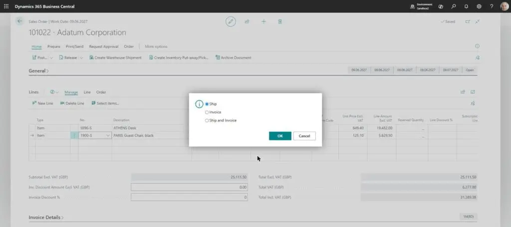 Dynamics Business Central - Sales Order - Post Shipment
