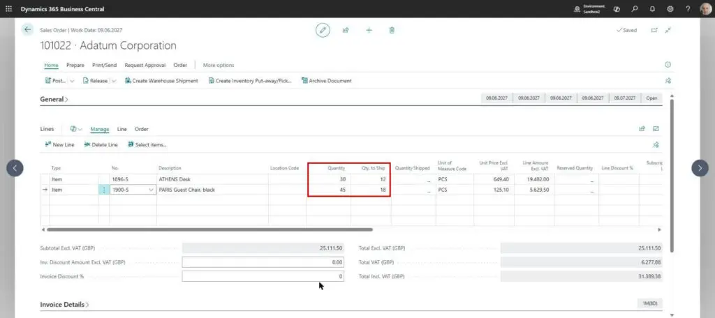 Dynamics Business Central - Sales Order - Qty. to Ship