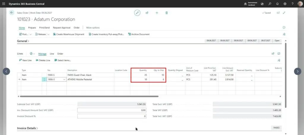 Dynamics Business Central - Sales Order - Second Partial Shipment