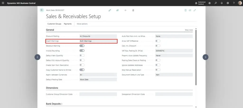 Dynamics Business Central - Sales & Receivables Setup - Credit Warnings