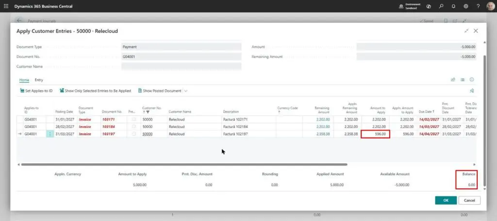 Dynamics Business Central - Apply Customer Entries - Partial Application