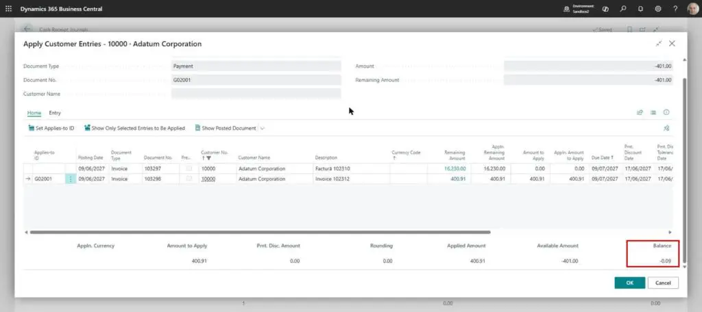Dynamics Business Central - Apply Customer Entries - Remaining Balance
