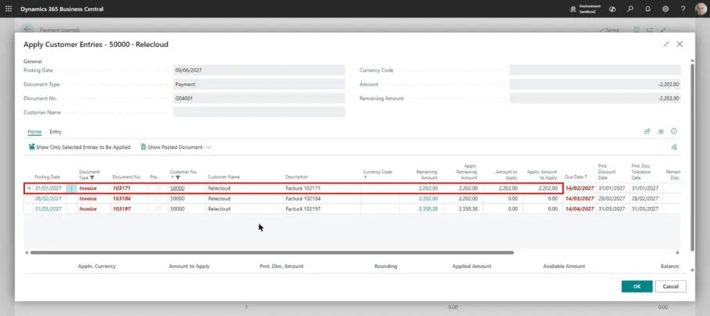Dynamics Business Central - Apply Customer Entries - Selecting One Invoice