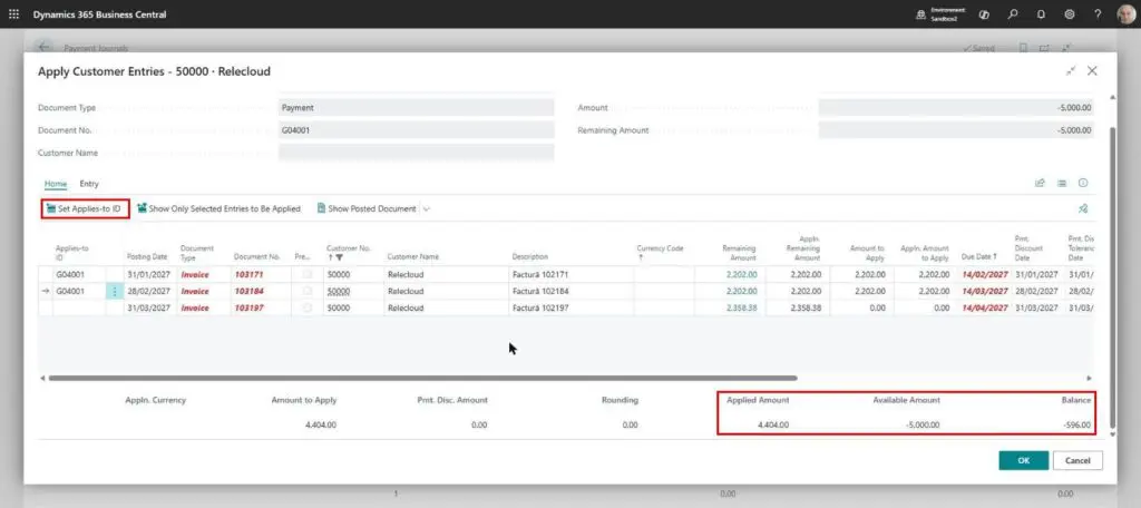 Dynamics Business Central - Apply Customer Entries - Several Invoices