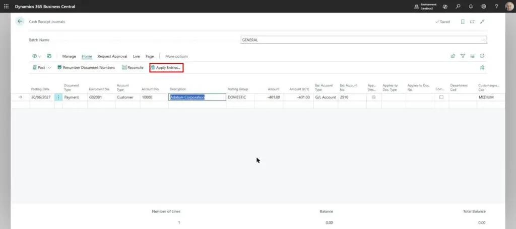 Dynamics Business Central - Cash Receipt Journal - Apply Entries