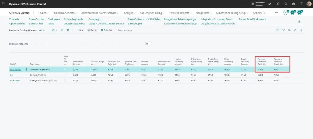Dynamics Business Central - Customer Posting Groups - Payment Tolerance Accounts