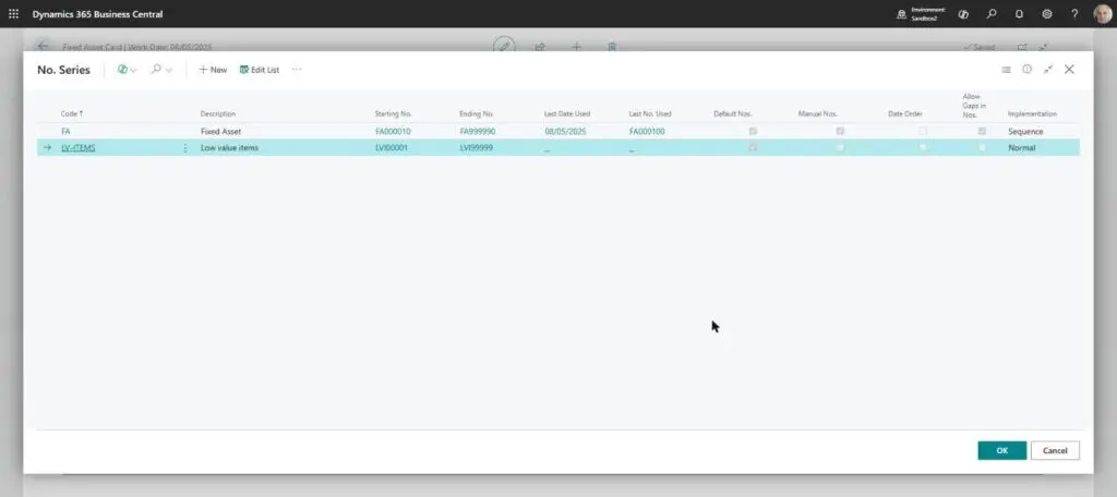 Dynamics Business Central - Fixed Asset Card - Selecting the Related Series