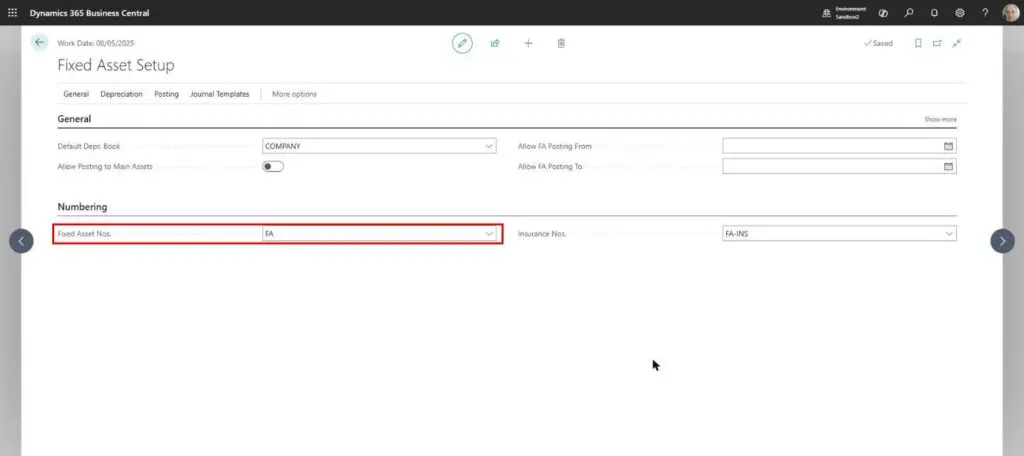Dynamics Business Central - Fixed Asset Setup - Default Number Series
