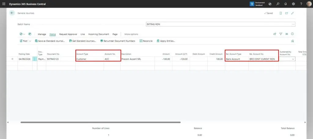 Dynamics Business Central - General Journal - Account and Balancing Account