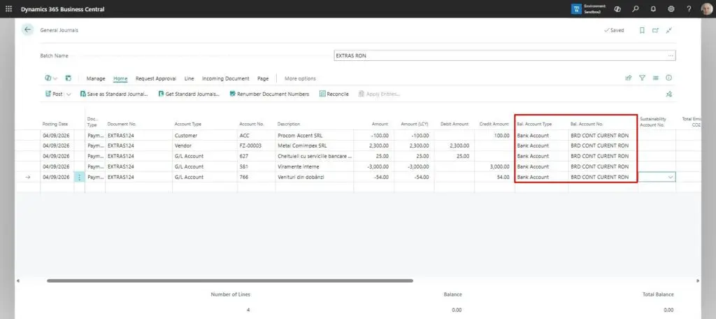 Dynamics Business Central - General Journal - Bank Statement Lines