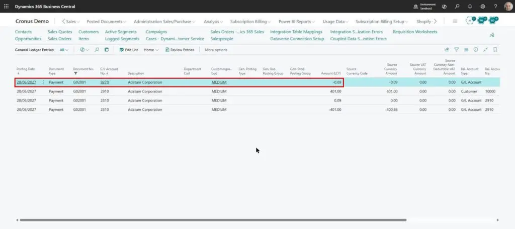 Dynamics Business Central - General Ledger Entries - Payment Tolerance