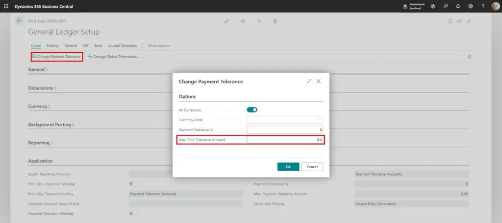 Dynamics Business Central - General Ledger Setup - Change Payment Tolerance