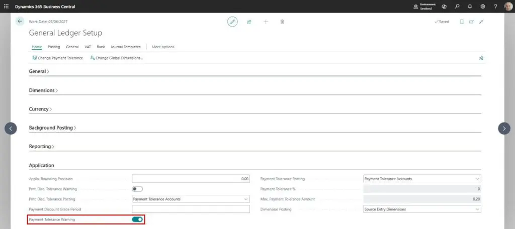 Dynamics Business Central - General Ledger Setup - Payment Tolerance Warning