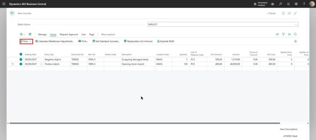 Dynamics Business Central - Item Journal - Completed Line