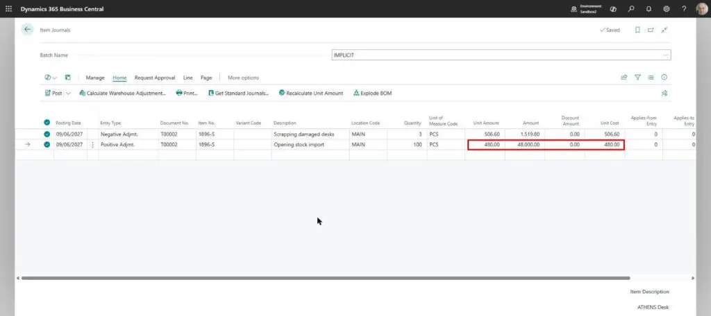 Dynamics Business Central - Item Journal - Unit Amount on Positive Adjustment