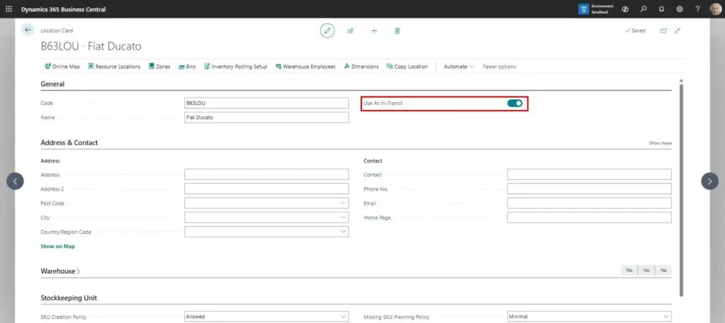 Dynamics Business Central - Location Card - Use As In-Transit