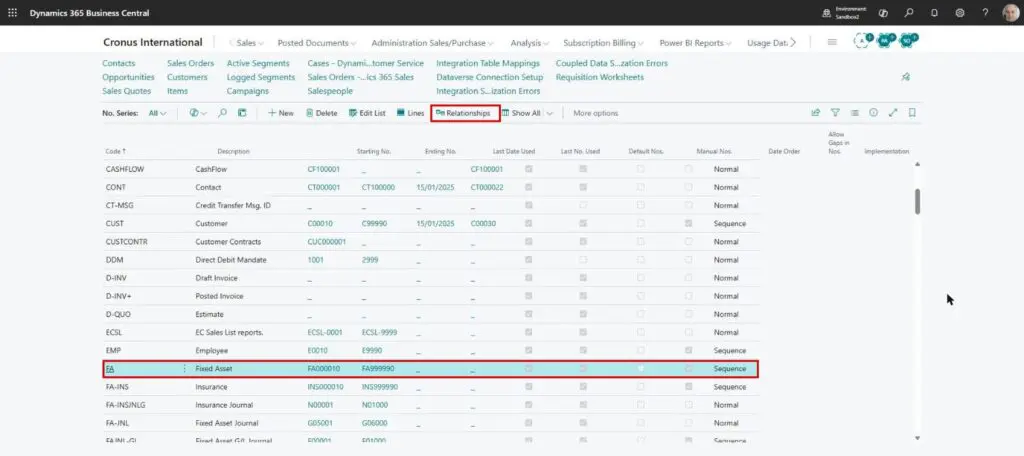 Dynamics Business Central - Number Series - Relationships