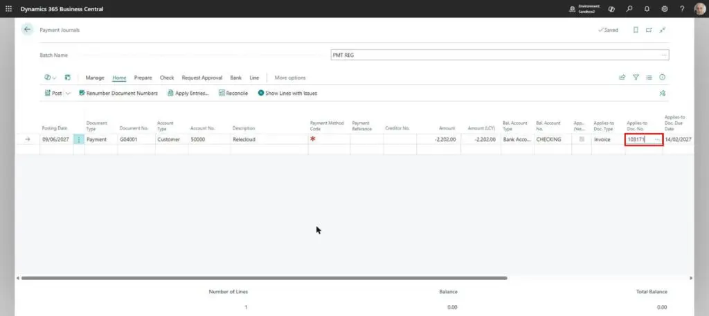Dynamics Business Central - Payment Journal - Applied Invoice Number