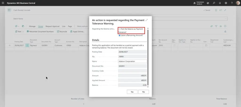 Dynamics Business Central - Payment Tolerance Warning