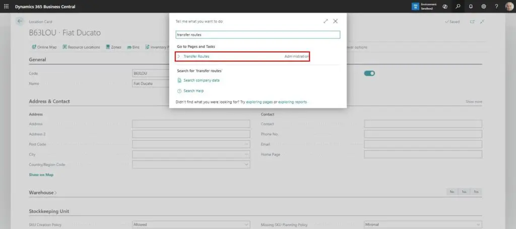 Dynamics Business Central - Search - Transfer Routes