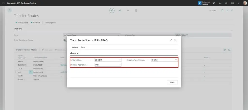 Dynamics Business Central - Transfer Route Specification - In-Transit Code