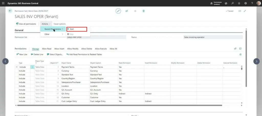 Dynamics Business Central - Permission Set - Start recording